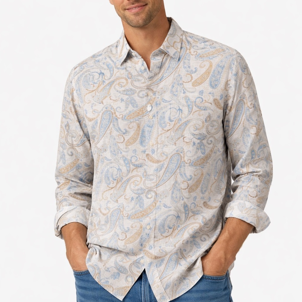 Tommy Bahama Casual Linen Neutral Paisley Print Button Down Size Large Shirt